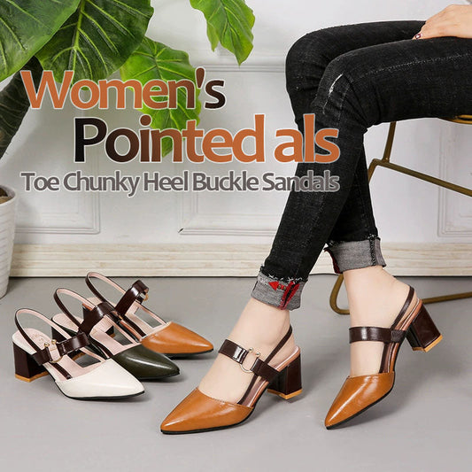 Women's Pointed Toe Chunky Heel Buckle Sandals
