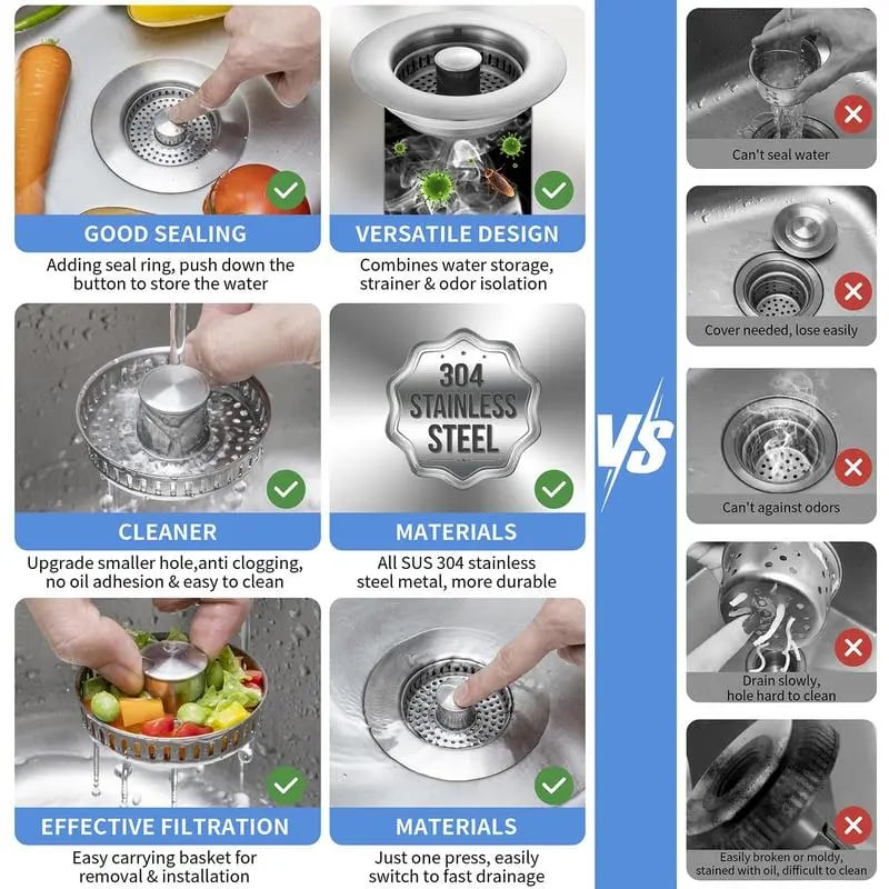 🔥3 in 1 Kitchen Sink Drain Strainer Kitchen Gadgets